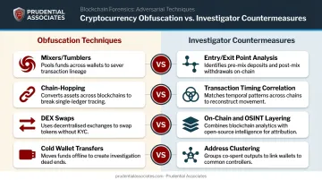 Crypto obfuscation techniques versus investigator countermeasures comparison infographic