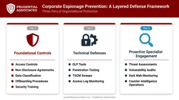 Three-category corporate espionage prevention framework with foundational technical and specialist controls