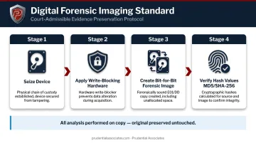 Digital forensic imaging process showing write-blocker hash verification and copy preservation steps