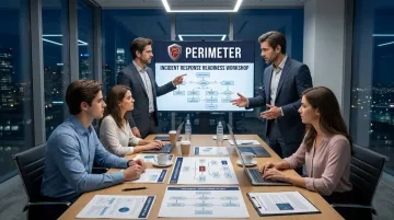 Cybersecurity team conducting incident response tabletop exercise with clients in boardroom