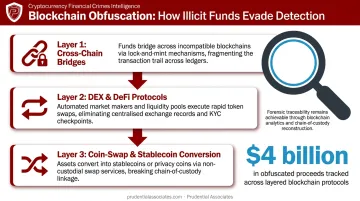 Cross-chain crypto obfuscation techniques showing bridges DEX and coin-swap flow