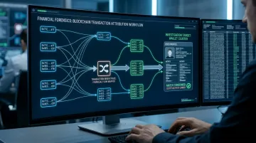 Law enforcement agents analyzing blockchain transaction data on multiple monitors
