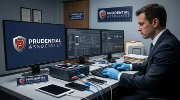 Prudential Associates forensic examiner reviewing mobile device evidence on professional workstation