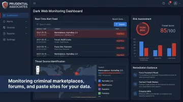 Dark web monitoring dashboard displaying real-time credential threat alerts and risk intelligence