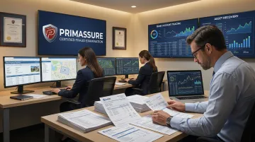 Professional asset investigation team reviewing financial records and digital data evidence