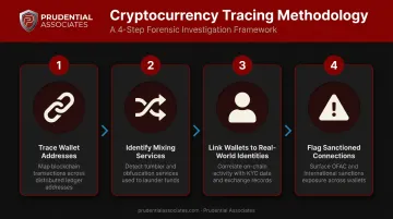 Cryptocurrency blockchain tracing process four-step investigative workflow infographic