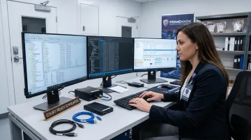 Certified digital forensic examiner reviewing evidence on forensic workstation in professional laboratory
