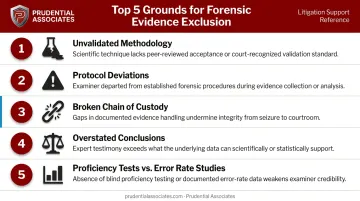 Five common forensic evidence exclusion grounds in Daubert hearings numbered list infographic