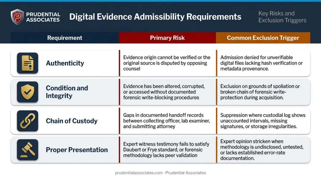 Four forensic evidence admissibility requirements primary risks and exclusion triggers comparison table