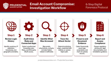 6-step hacked work email investigation process flow from login review to compliance reporting