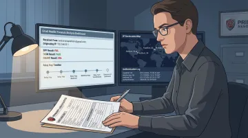 Digital forensic examiner reviewing email header evidence on multiple monitors