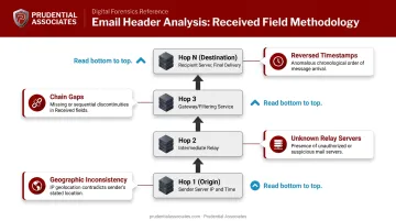 Email transmission path forensic analysis four red flag indicators process flow