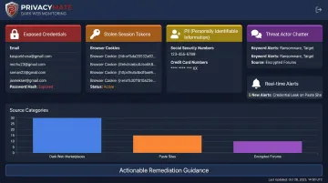 Dark web monitoring dashboard displaying exposed credentials and real-time threat alerts