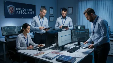 Prudential Associates digital forensics investigators reviewing evidence in professional setting