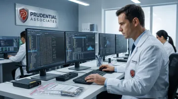 Prudential Associates forensic examiner reviewing ransomware investigation evidence on workstation