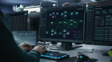 Digital forensics specialist analyzing cryptocurrency blockchain transactions on computer screens