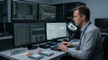 Certified digital forensic examiner reviewing evidence artifacts on forensic workstation