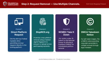 Four-channel victim image removal process infographic with platforms resources and DMCA options