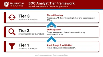 Three-tier SOC analyst structure from alert triage to proactive threat hunting