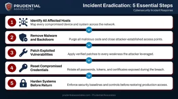 Five-step cyber incident eradication checklist process flow with sequential actions