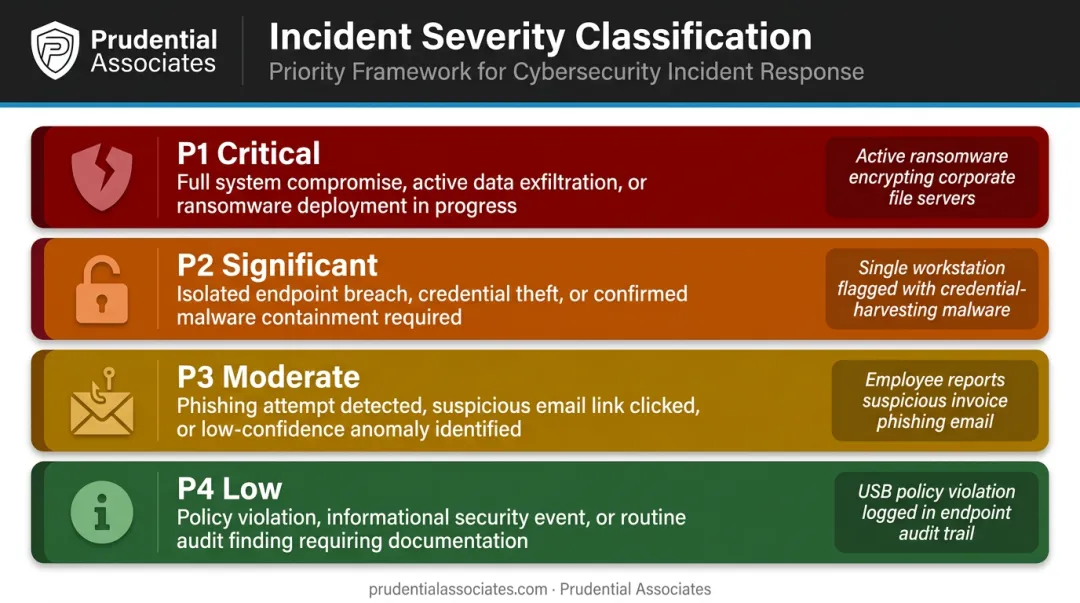 Incident severity priority levels P1 through P4 classification chart with examples