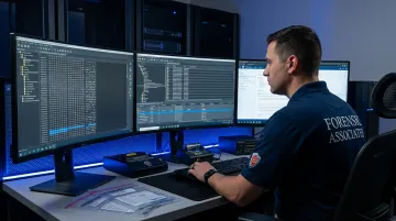 Certified forensic investigator conducting digital evidence analysis on forensic workstation