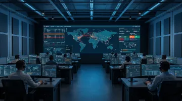 Enterprise security operations center analysts monitoring real-time threat detection dashboards