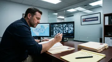 Investigator cross-referencing surveillance footage with cell tower location data evidence