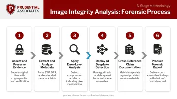 Six-step forensic image integrity analysis process flow infographic