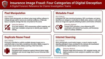 Four insurance image fraud types detection methods comparison table infographic