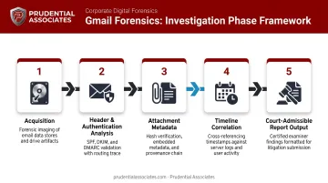 Five-phase corporate Gmail forensics investigation case walkthrough process timeline