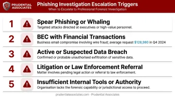 Five escalation triggers requiring professional phishing forensic investigator involvement
