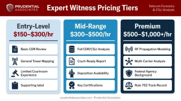Three-tier cell site analysis expert witness pricing comparison infographic
