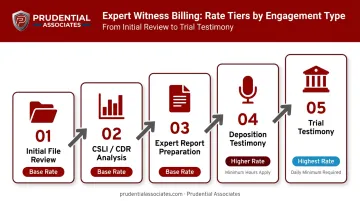 Cell site expert witness task billing rate tiers from file review to trial testimony