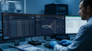 Digital forensics analyst examining cryptocurrency blockchain transaction records on monitor