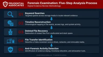 Five-step forensic analysis phase process from keyword search to anti-forensic detection