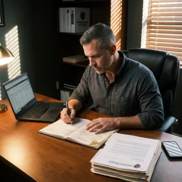 Investigator reviewing financial records for an asset search