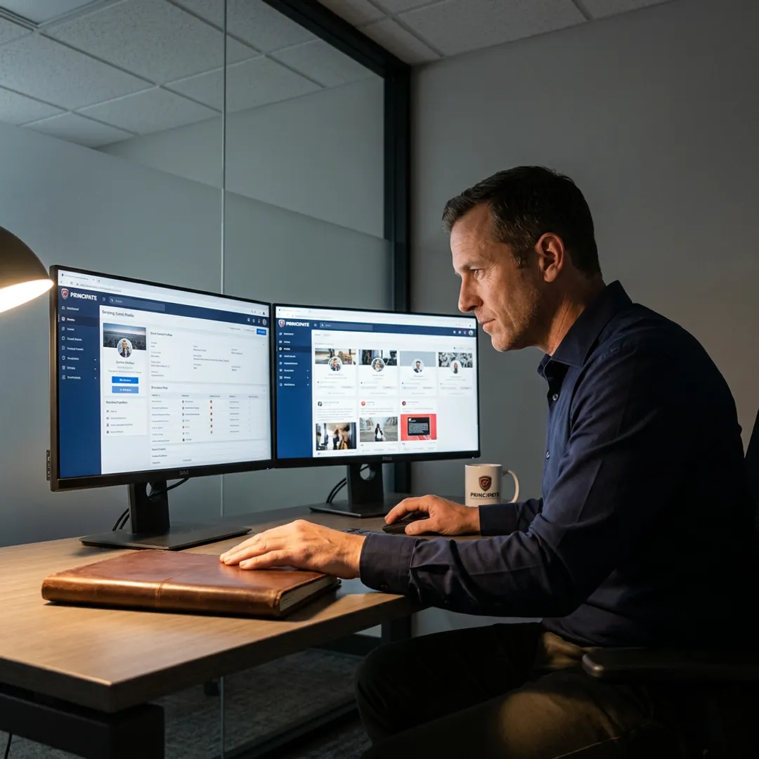 Investigator reviewing social media background check findings