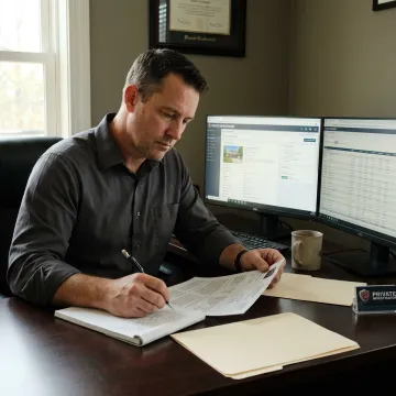 Investigator reviewing asset search records