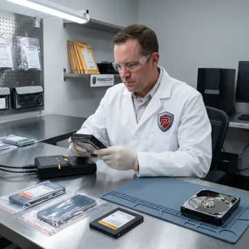 Forensic data recovery specialist examining digital storage media