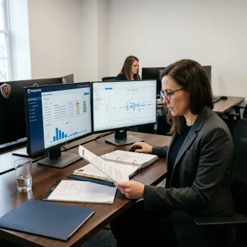 E-discovery analyst reviewing digital evidence for a law firm