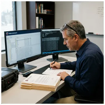 Digital forensics expert reviewing evidence for courtroom testimony