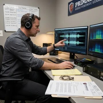 Forensic audio enhancement process at analysis workstation