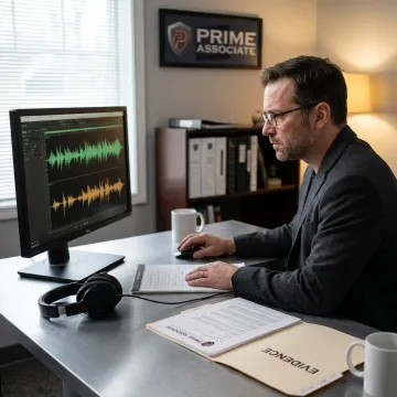 Forensic audio analyst reviewing legal recording evidence