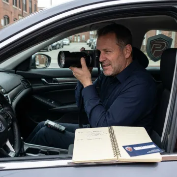 Professional surveillance investigator documenting activity