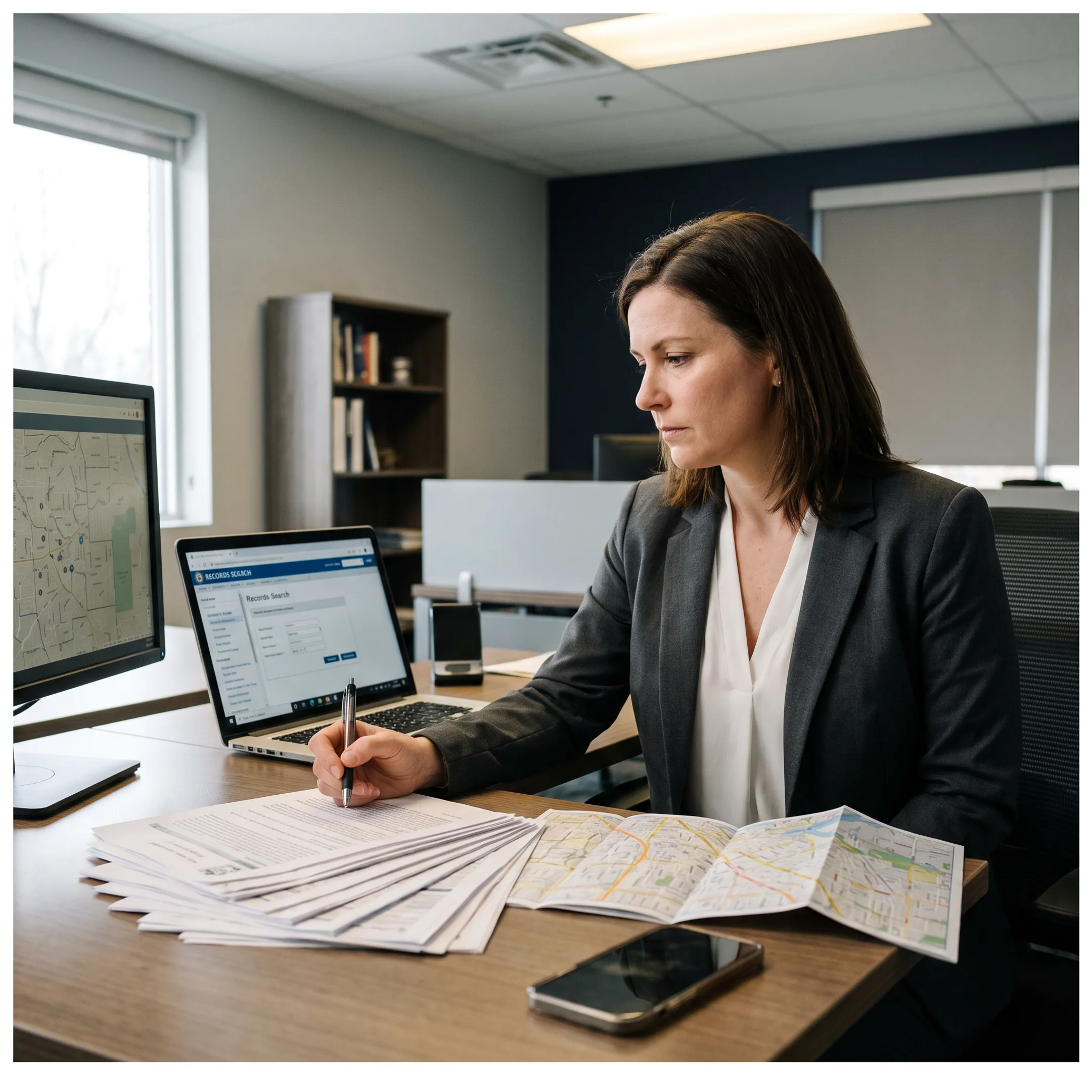 Investigator reviewing records for a skip trace