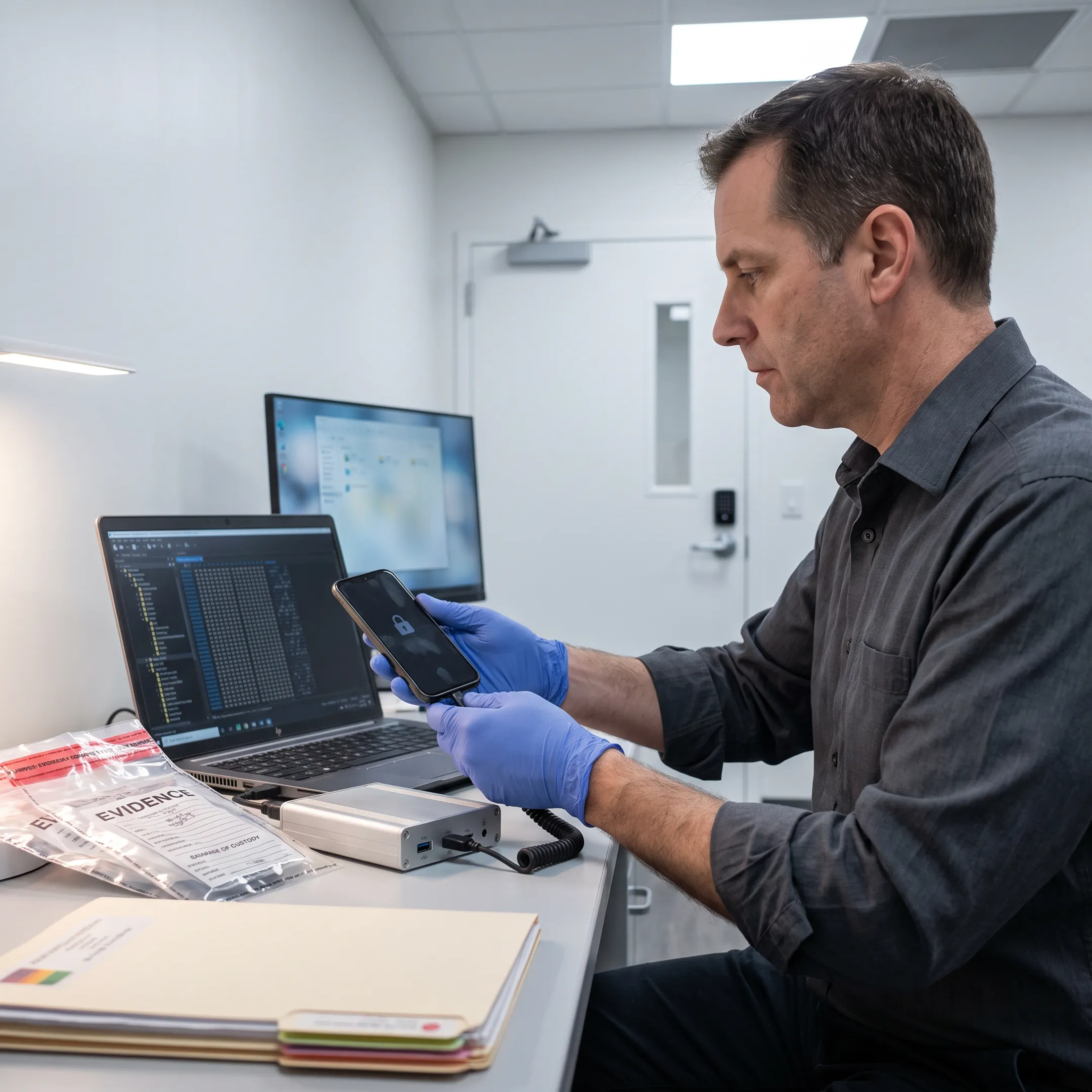 Forensic analyst examining mobile phone data