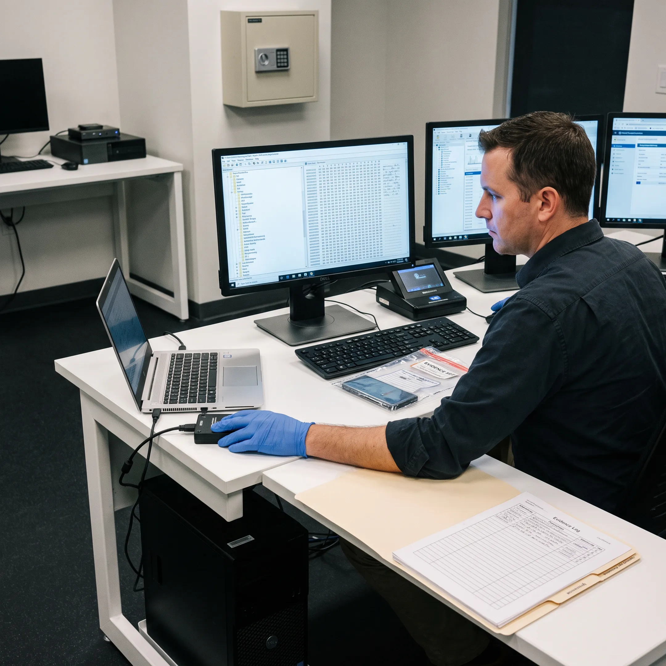Digital forensic examiner reviewing evidence