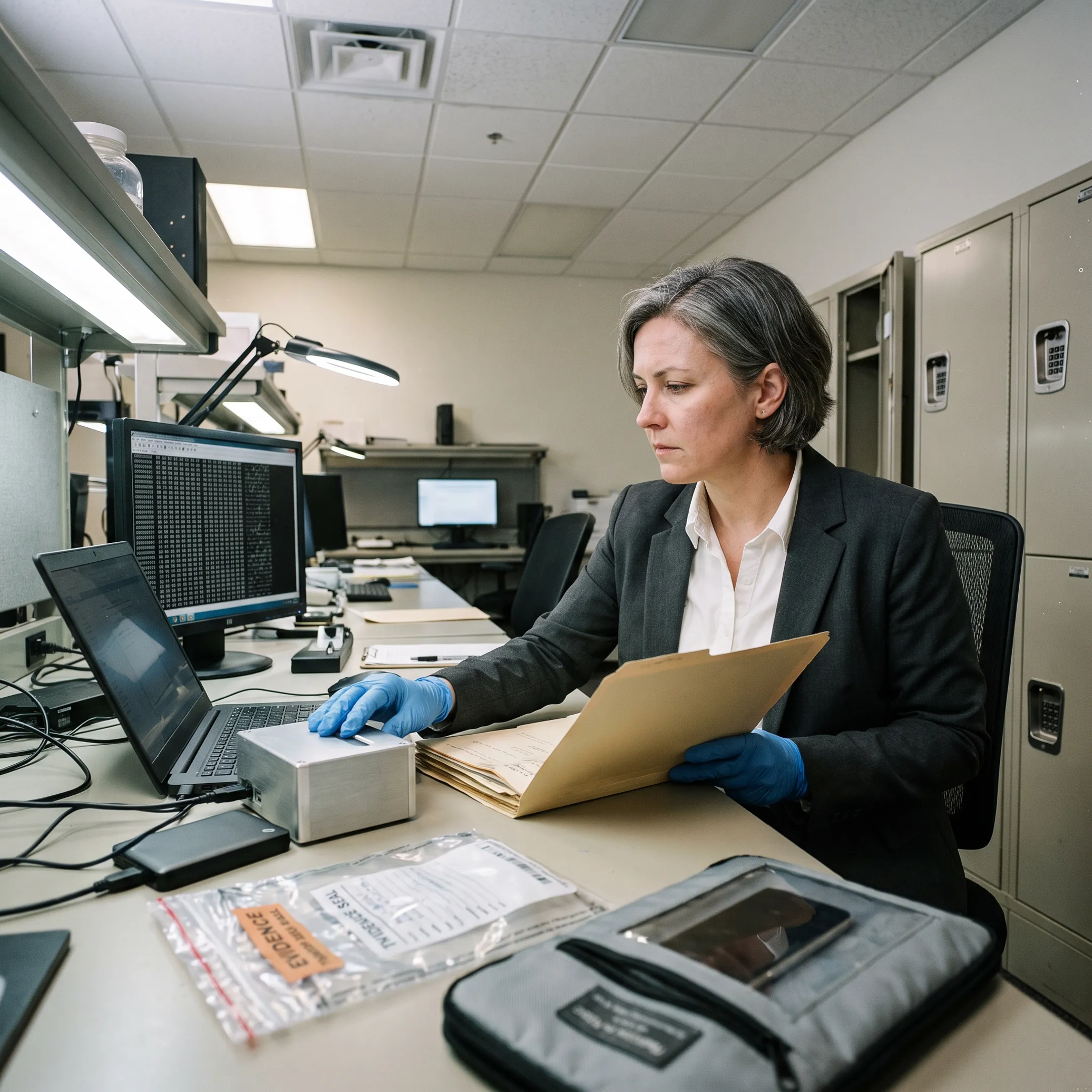 Digital forensic expert reviewing evidence for court