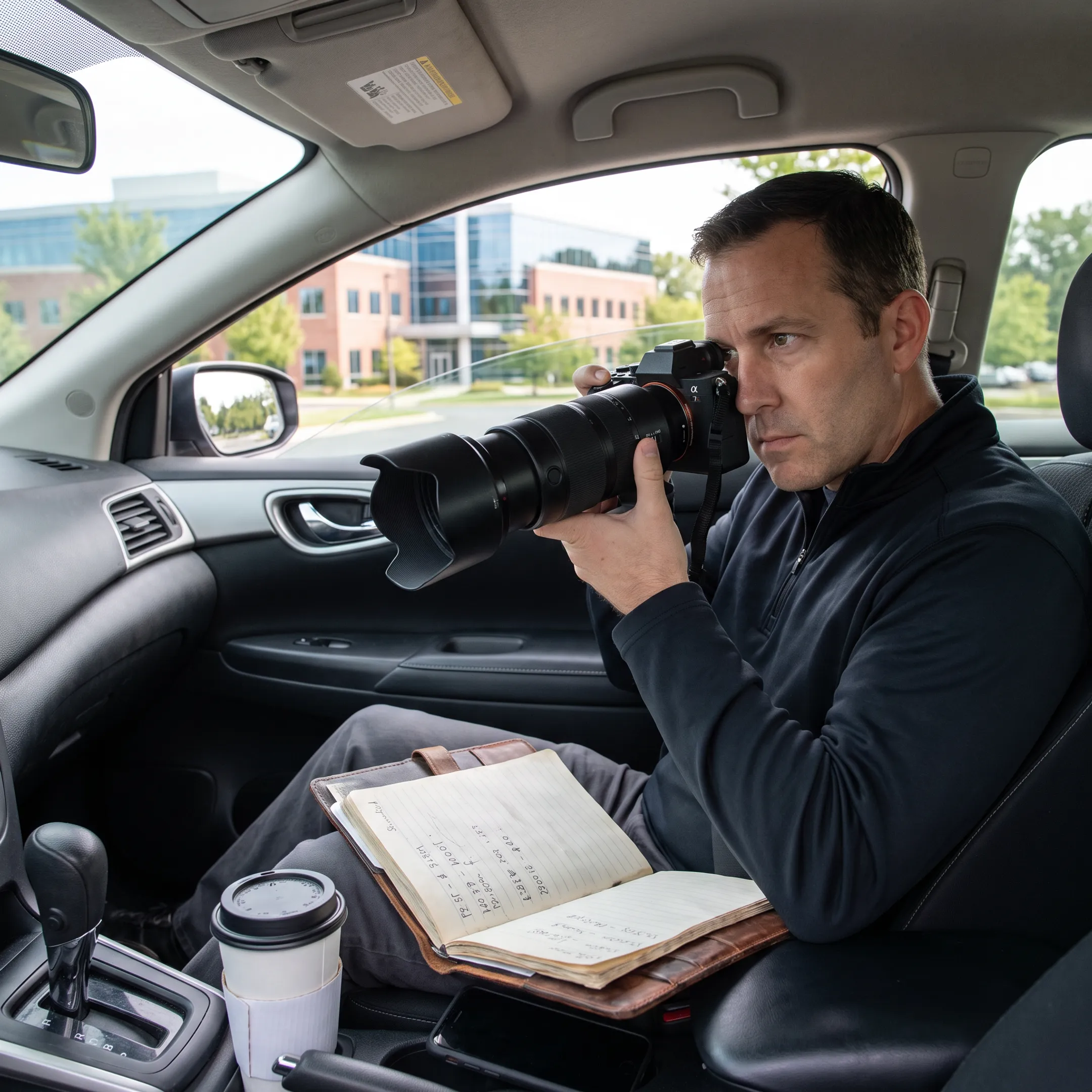 Investigator conducting discreet surveillance from a vehicle